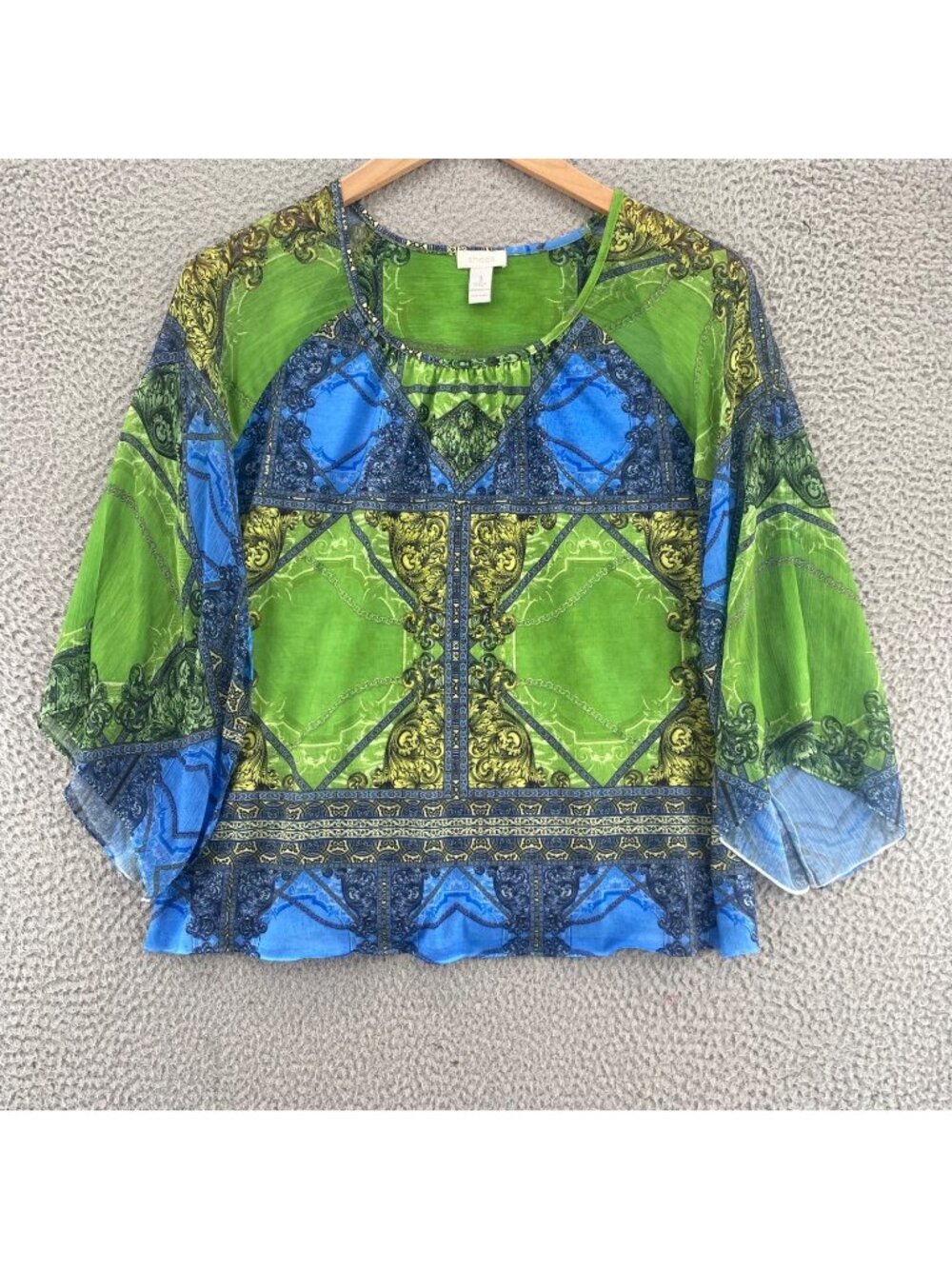 Chicos Top Womens 1 US Medium Green Blue Batik Rhinestone 3/4 Flared Sleeve Tee